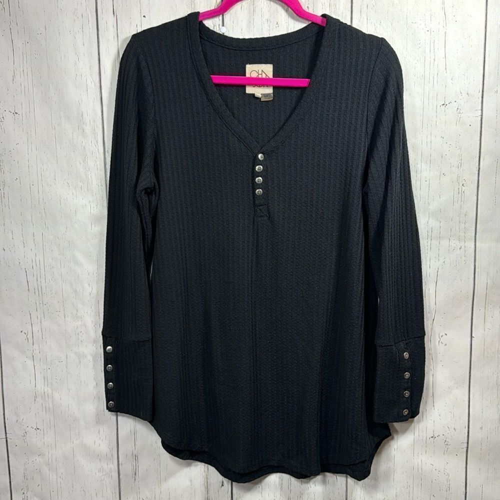 Chaser Waffle Henley Knit Thermal Long Sleeve Black V Neck Stretchy Sweater